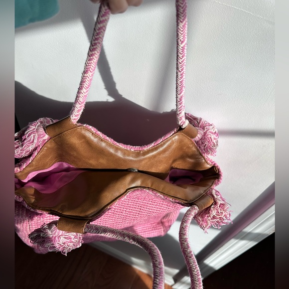 Handwoven Pink Boho Tote Bag | Artisan Woven Market Bag | Cotton Rope Handles - Picture 3 of 6